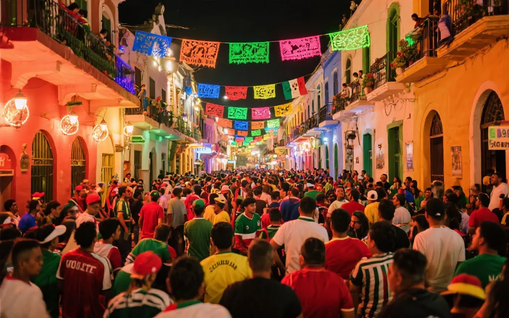 墨西哥主办城市赛前街区球迷聚集、彩色街景与烟火氛围