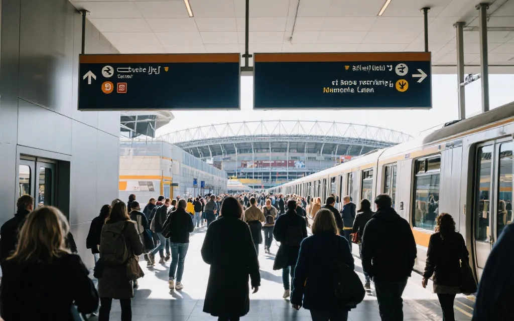 世界杯比赛日的人流与交通枢纽示意，强调进出场与安保动线